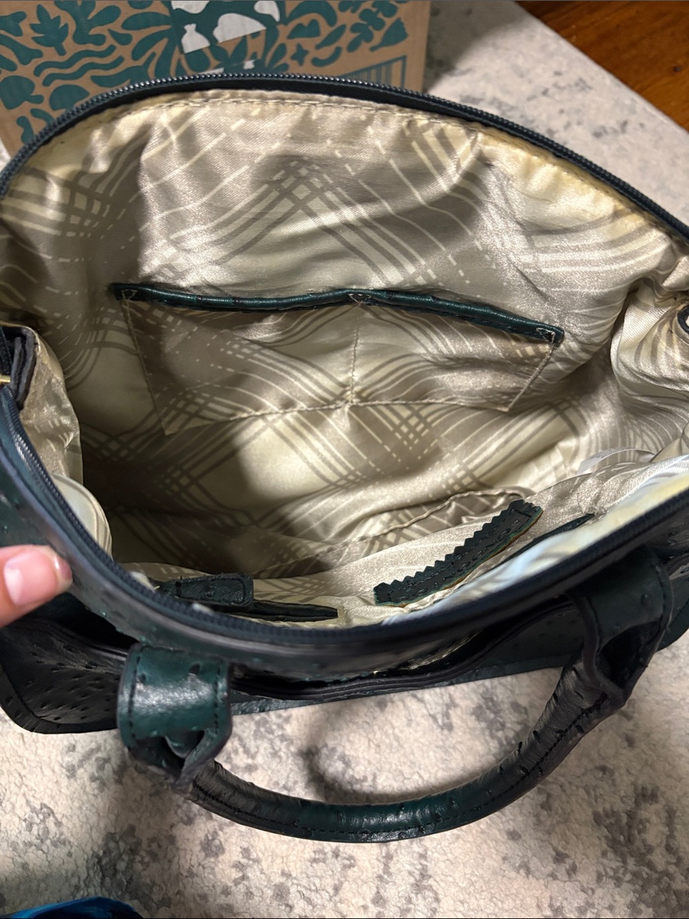 London Fog Dark Green Ostrich-Embossed Simulated Leather Satchel Handbag - Picture 8 of 12